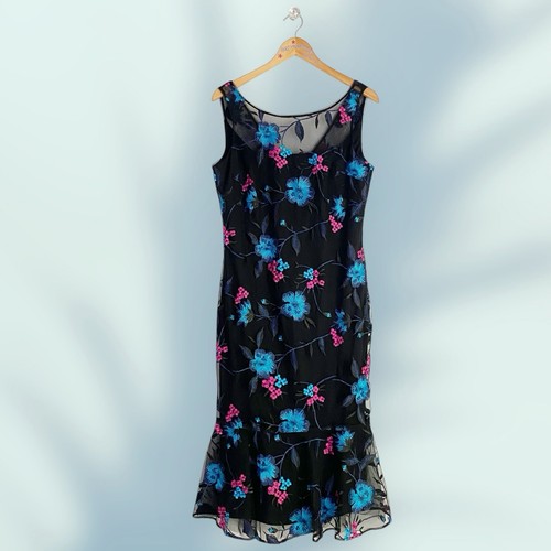 Calvin Klein Floral Lace Overlay Flounce Midi Sheath Dress Women’s 10 Black - 第 5/14 張圖片
