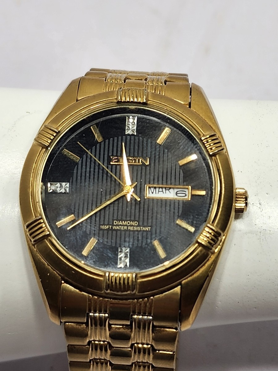 Elgin Gold Tone Mens Watch FG268N With Diamond Markers Stainless