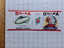 1930s Og-Na Brand Sweet Corn Can Label. E. H. Rowley,  Fabius, N.Y.  4  x 11 1/4