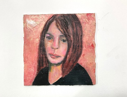 Original Expressive Oil Portrait Painting 6x6 Woman Pink Portrait Art Miz Katie - Picture 2 of 14