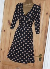 Phase Eight stretchy black tan polka dot spotty jersey day tea party dress 18 16