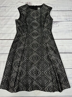 Vince Camuto Black Silver Metallic Geometric Dress Cocktail Fit Flare Sz  10