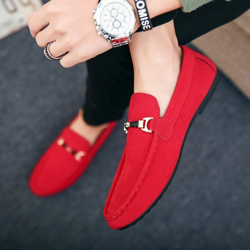 (Red, 9.5) Men Slip-On Leather Casual Male Driving Soft Non-Slip Loafers Shoe.