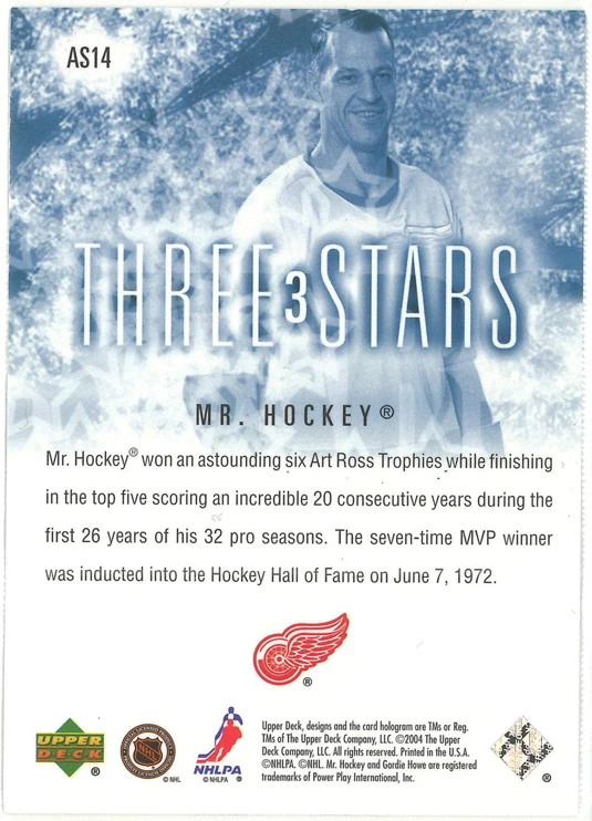 2004-05 Upper Deck Three Stars #AS14 GORDIE HOWE "Mr. Hockey" Detroit Red Wings - Image 2 of 2