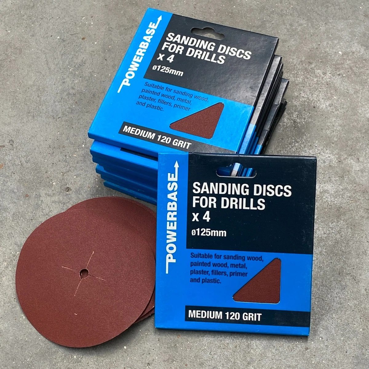 40 Powerbase 125mm Sanding Discs for Drills.120 Grit. Wood Metal Plaster etc