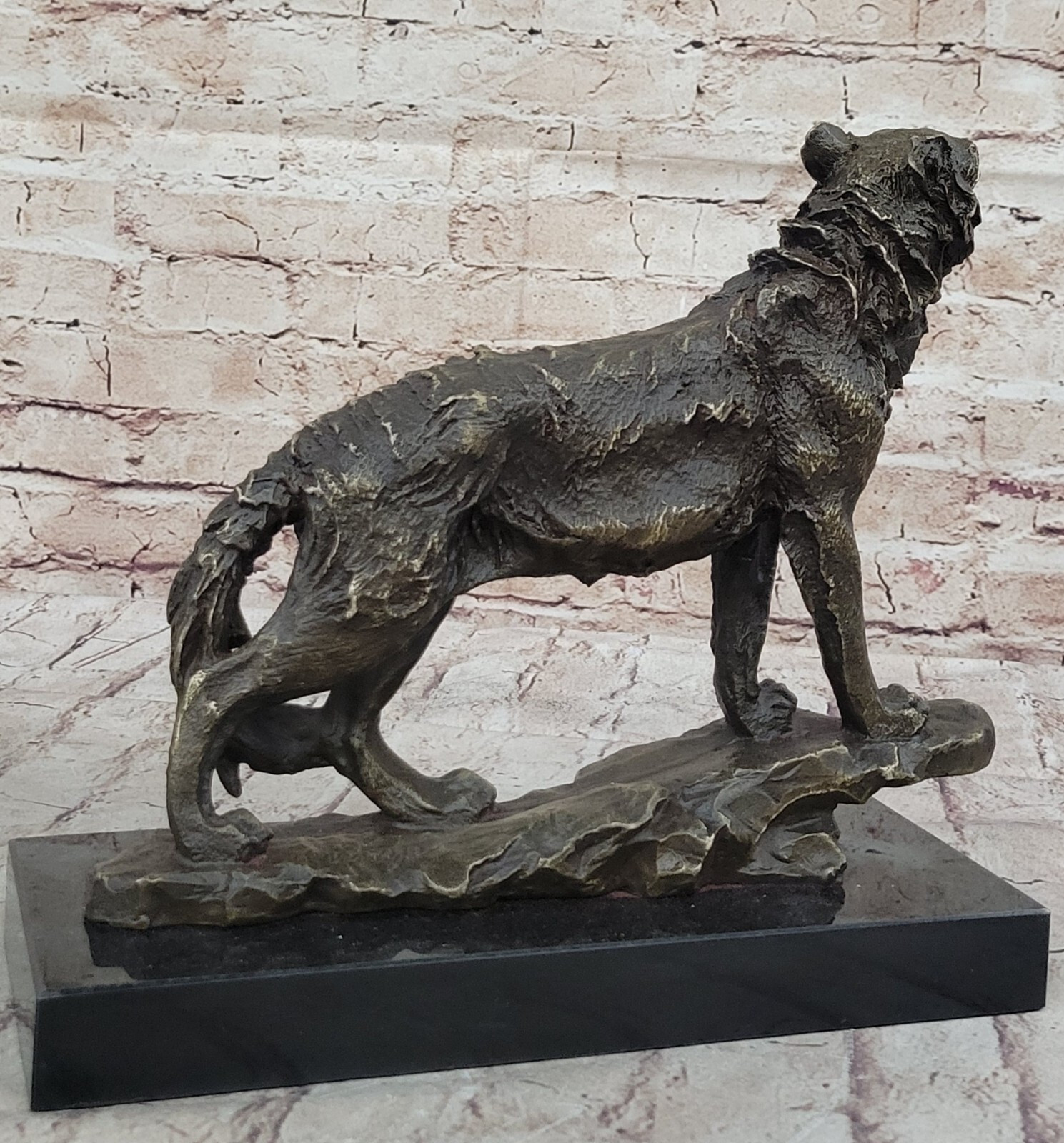 Vintage Patinated Bronze Figurine of a Wolf on Lookout Hot Cast Figurine Decor