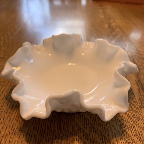 Vintage Fenton Milk Glass Hobnail Bon Bon Candy Dish Double Crimped 5.75"