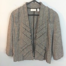 Chicos Sz 1 MED Linen Blend Open Front Pleated Brown Blazer Jacket 3/4 Sleeve