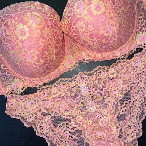 Victoria's Secret 38DD BRA SET L,XL panty ORANGE cocktail pink crossdye lace - 第 5/6 張圖片