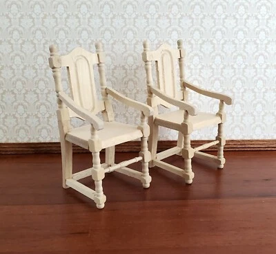 Dollhouse Miniature Arm Chairs Dining Room Set of 2 Unpainted Wood 1:12 Scale