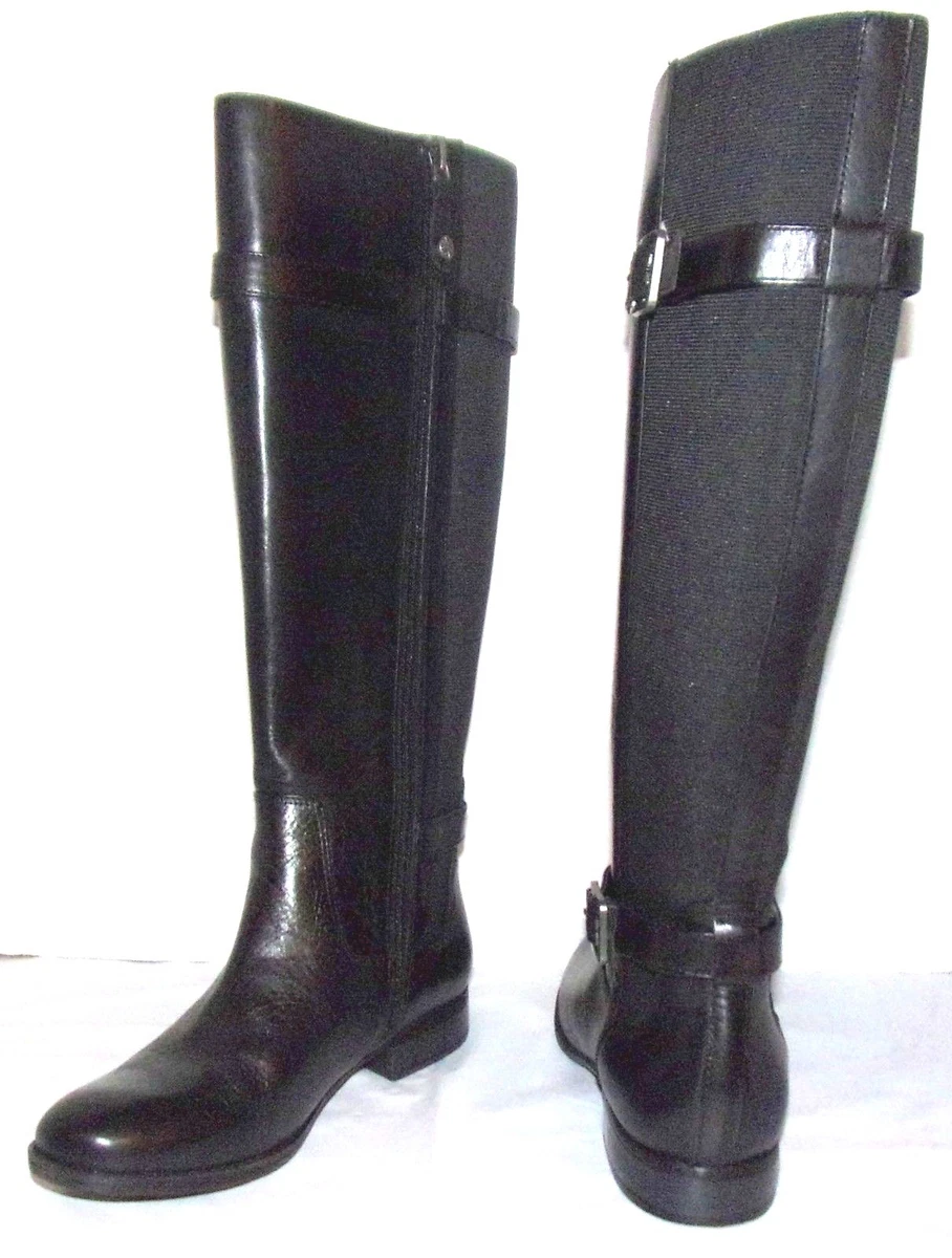 New Isaac Mizrahi Live Abby Gored Black Leather Riding Boots with Buckle 6.5 M