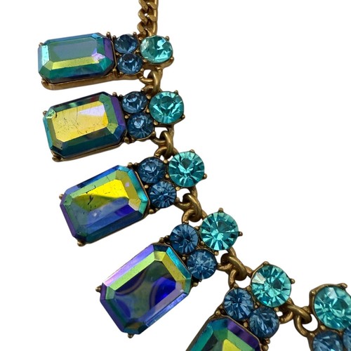 J Crew Statement Necklace Iridescent Blue Turquoise Crystal Stones Gold Adjustab - Picture 18 of 22