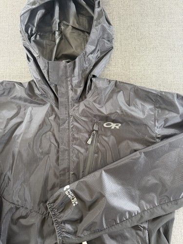 Outdoor Research Helium Rain Jacket Mens Small Gray Pertex Shield Hooded Shell