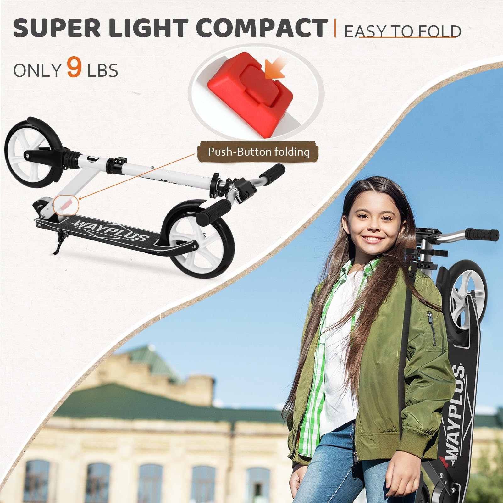 WAYPLUS Kick Scooter for Ages 6+,Kid, Teens  Adults. Max Load 240 LBS. Foldab...