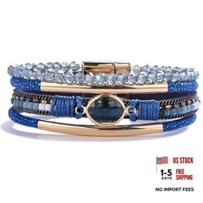 Leather Wrap Bracelets Crystal Beads Bracelet Boho Cuff Stone Charm Blue