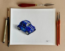 Blue Racing Vw Beetle Original Painting Vintage Race Car Art Wall Decor Art