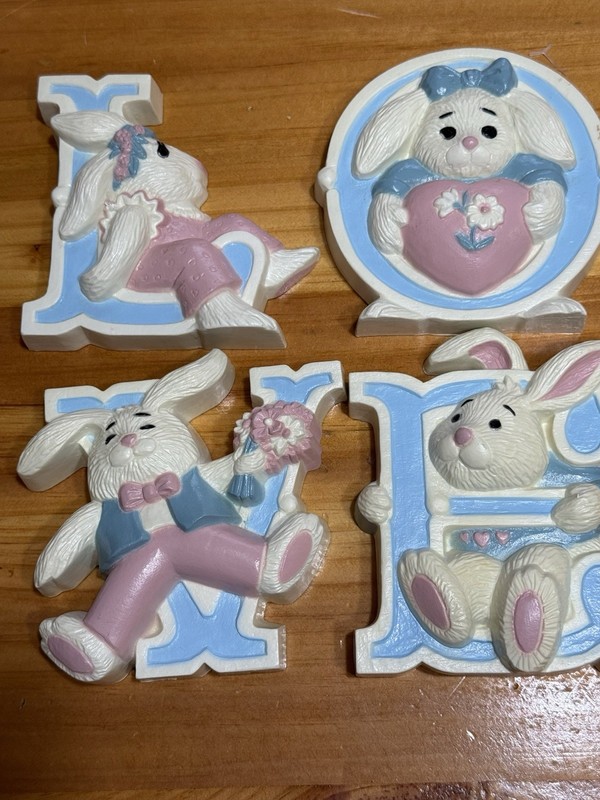 Vintage Burwood "Love" Bunny Wall Or Shelf Plaque Nursery Easter Decor  1992