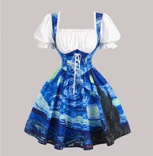 Shein Blue White Starry Night Graphic Square Neck Puff Sleeve A-Line Dress Sz S