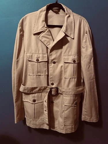 Vintage 70s Khaki Sears Belted Safari Jacket Unlined XL Oakbrook Sportswear - product listing photo