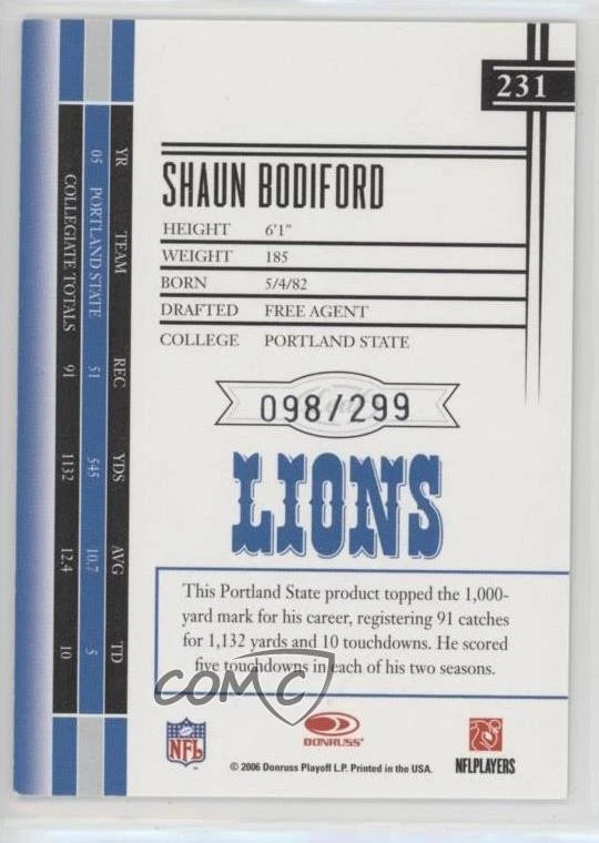 2006 Leaf Limited Rookie /299 Shaun Bodiford #231 Rookie RC - Image 2 of 2