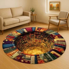 Library Books Round Rug 3D Optical Illusion Mat, Book Lover Reading Room Carpet