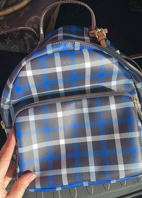Tommy Hilfiger Plaid Backpack Blue Black White with Buckle Accent Zip Closure
