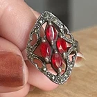 925 Vintage Sterling Silver Diamond Shape Marcasite Red Filigree Ring Size 7.25