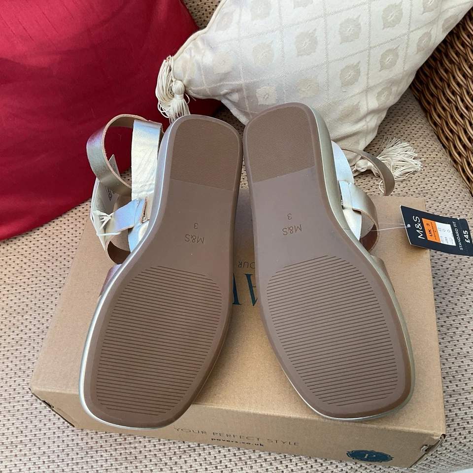 M&S Gold Leather Ankle Strap Gladiator Sandals Size 3 Brand New with Tags - Image 4 of 4
