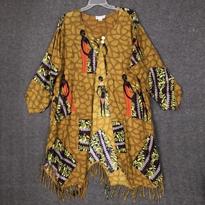 African Essence Tunic Plus 4X Vintage Two Button Open Front Fringe Hem Ethnic