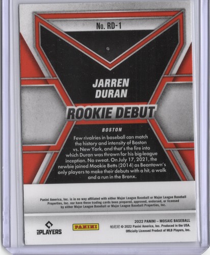 Panini Mosaic 2022 - debut de novato #RD-1 Jarren Duran (RC) - Imagen 2 de 2
