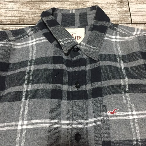 Camisa de franela Hollister para hombre M gris negra a cuadros abotonada informal - Imagen 7 de 9
