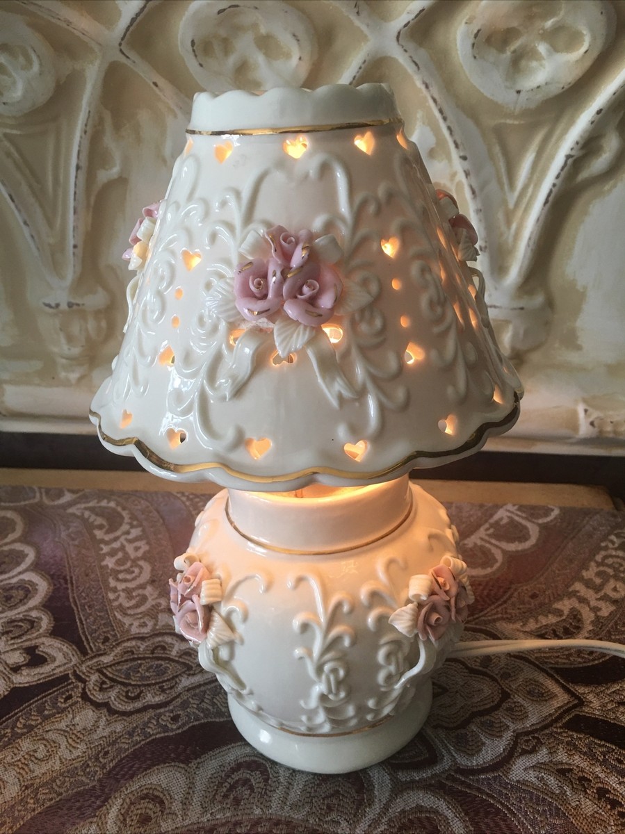 VINTAGE LENOX VICTORIAN BEDSIDE LAMP 3D White/Pink/Gold ROSES