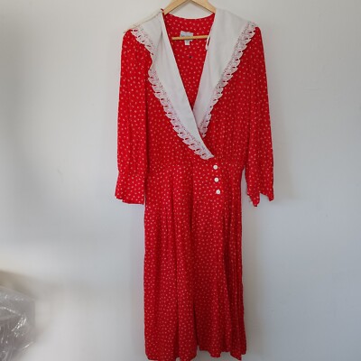 90s collared dress Patty O'Neil Womens Bib Collar Red White Floral Shawl 16 Size:34F Navy Blue Checks Handspun Flowy Dresses