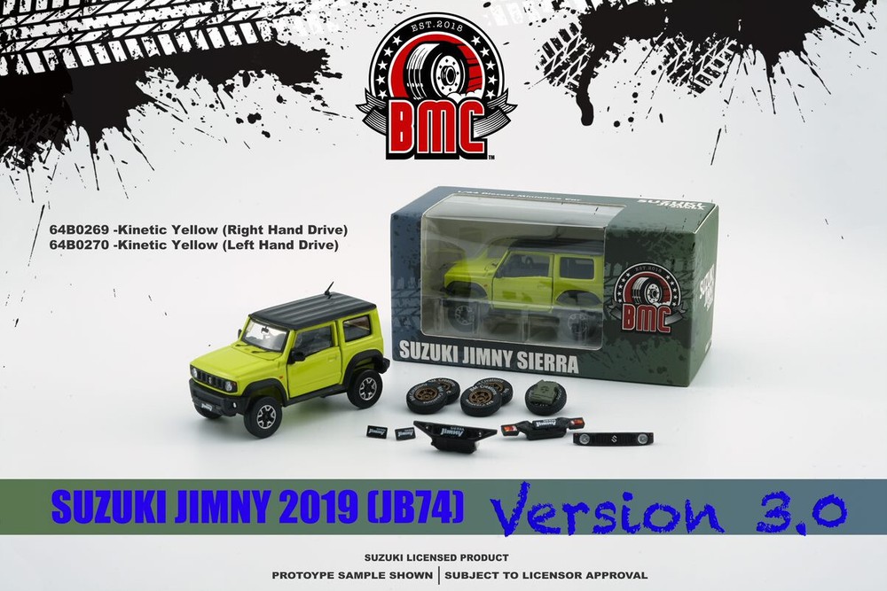 BM Creations 2019 Suzuki Jimny W/ Parts - Kinetic Yellow - LHD 1:64 Diecast Car