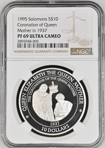 :1995 S$10 SOLOMON ISLANDS CORONATION QUEEN MOTHER NGC PF69 UCAM RARITY R-10 1/0