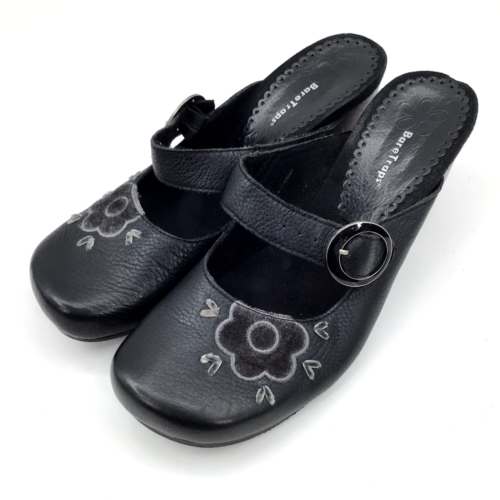 Womens Baretraps 8.5 Mary Janes Clogs Slip On Mule Bare Traps Black Floral Wedge