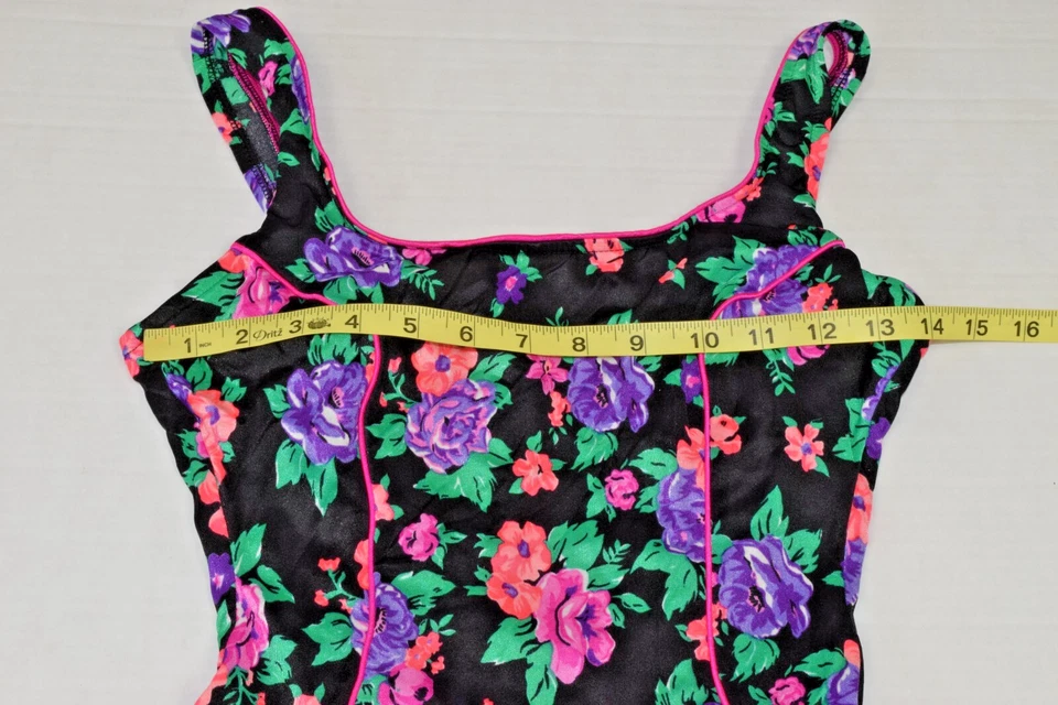 Traje de baño vintage talla S/M años 80 brillante negro rosa púrpura flores falda completa sujetador Foto 3 de 4