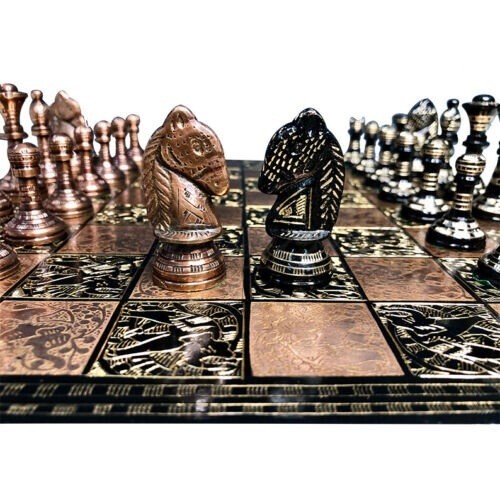 12" Brass Metal Chess Pieces & Board Set Hand carved Copper Black - Storage box - Picture 6 of 7
