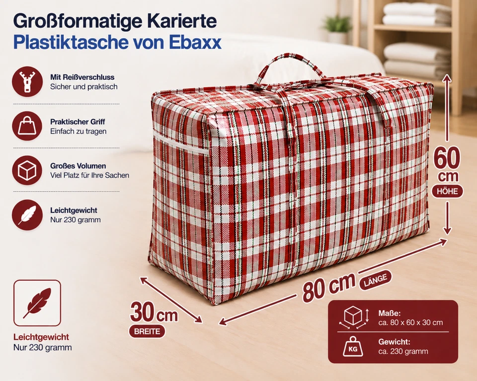 Plastiktasche Groß Jumbo Unterbett Aufbewahrungs Tasche kariert Camping rot XL - Bild 1 von 1