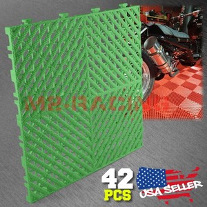 42pcs 16"x16" Green Garage Floor Mat Perforated Flooring Tile Shop Interlocking