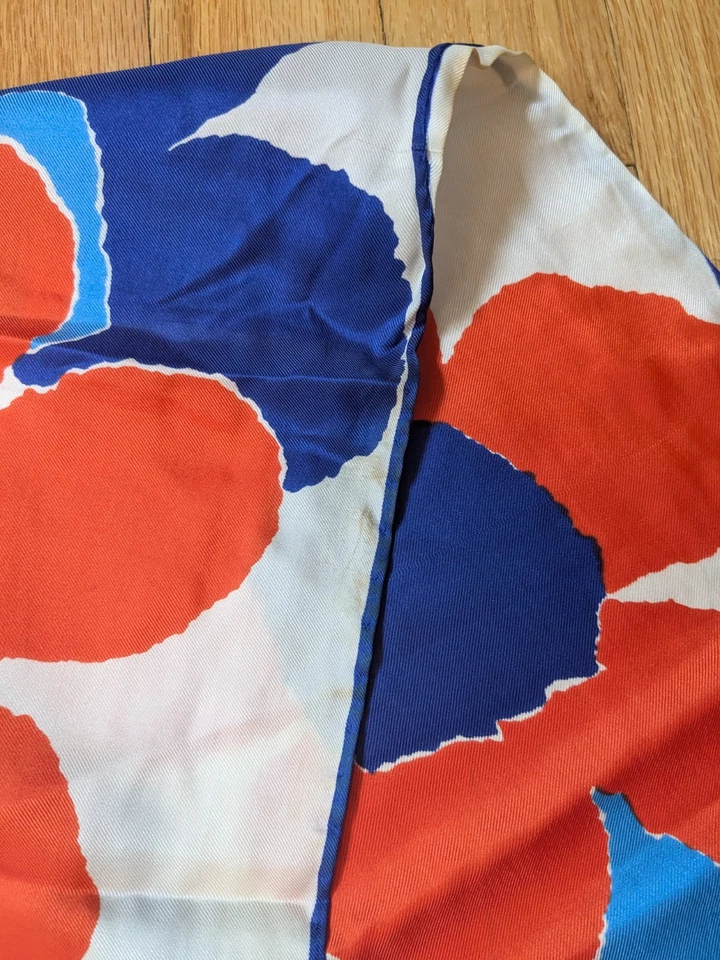 Bufanda vera vintage años 60 70 mezcla seda gráfico retro floral naranja azul 44,5" x14 Foto 3 de 4