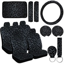 15 Pcs Black Leopard Print Car Accessories Set - Steering Wheel Cover Armrest P