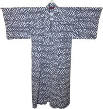 Japanese Women's Cotton Yukata, Navy-on-White Geometric Motif, Vintage Handmade