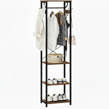 Coat Rack With Hanging Rod, Garment Rack With 3 Wooden Shelves and 4 Hooks