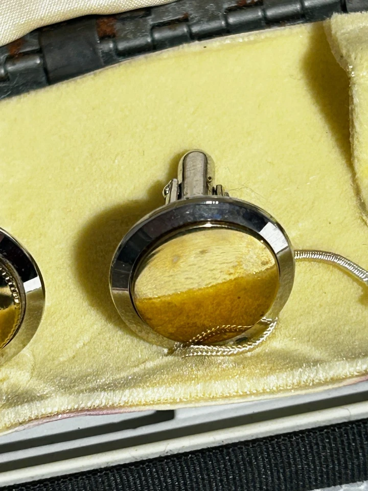 Abotoaduras redondas ANSON 925 prata esterlina vintage ouro rosto com aderência de gravata correspondente - Imagem 3 de 4