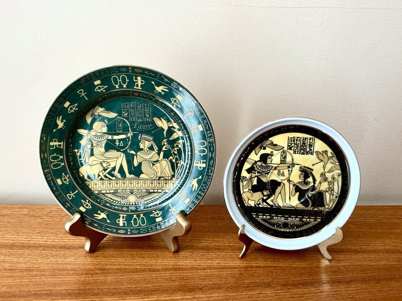 Fathi Mahmoud 2 Collectable Egyptian Art Plates Gold Green Yellow Limoges France