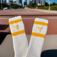 VTG Acrylic Crew Socks 9-11 NOS 1980's Yellow Tennis Striped Sports White 17"