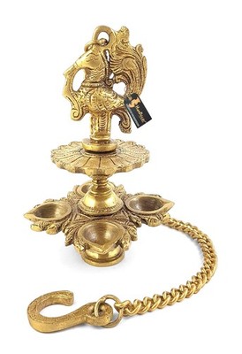 Two Moustaches Peacock Brass Hanging Diya 4 Wick | Temple & Home Pooja D�cor