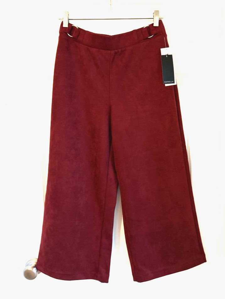 Rafaella Womens Wide Leg Cropped Pants Burgundy Faux Suede Stretch Size 4 NWT