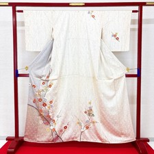 Japanese Kimono 'HOMONGI' Silk/Cream/Gold/Flower/Butterfly/Length:164cm N0901